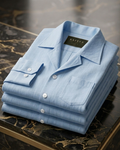 Cuban Linen Shirt in sky blue — front view on model