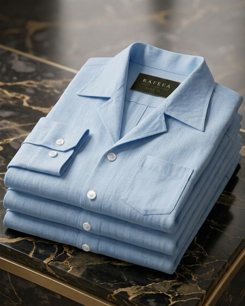 Cuban Linen Shirt in sky blue — front view on model