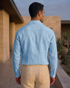 Cuban Linen Shirt in sky blue — back view on model
