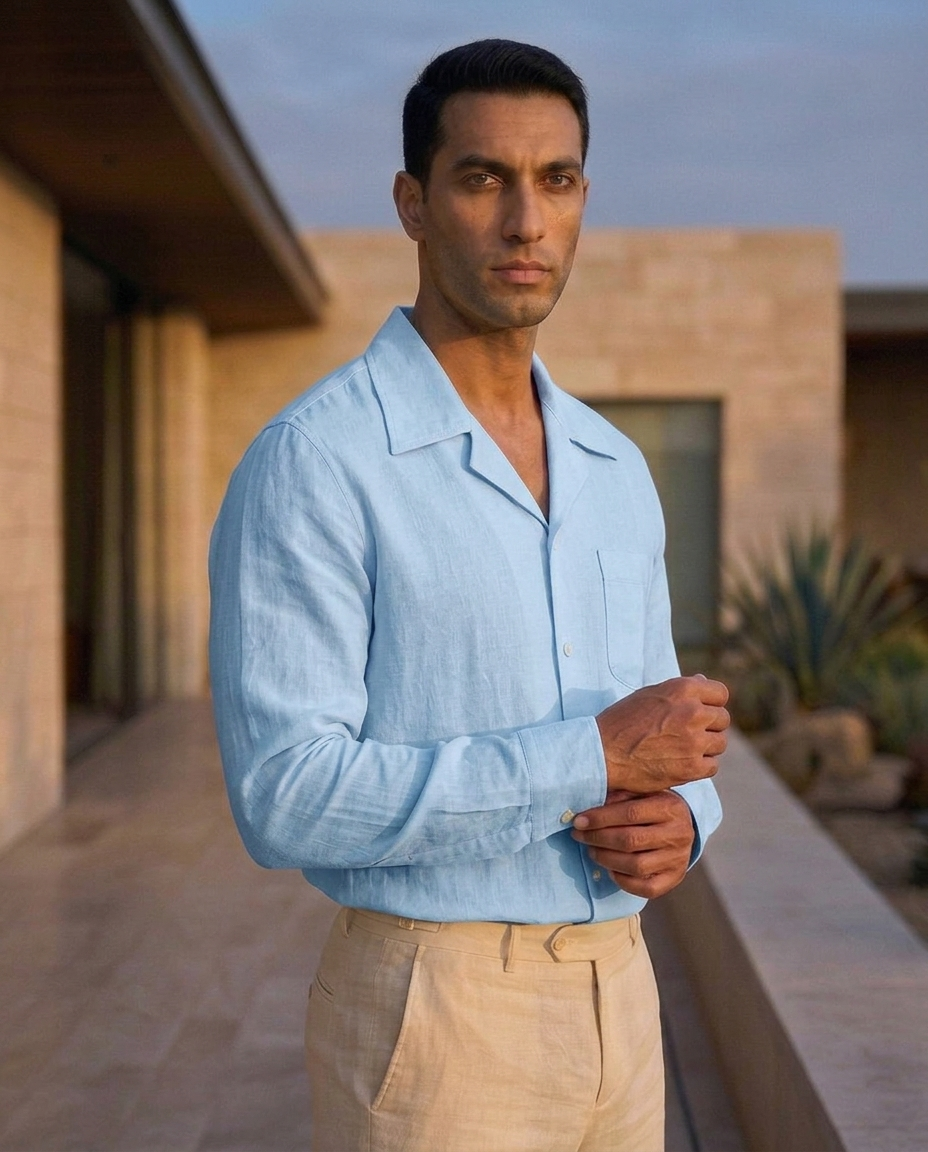 Cuban Linen Shirt in sky blue — side view on model