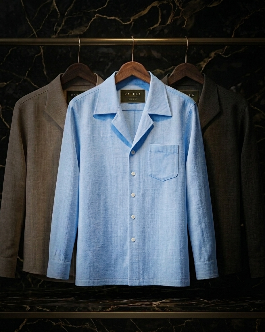 Cuban Linen Shirt in sky blue — hanging on rack